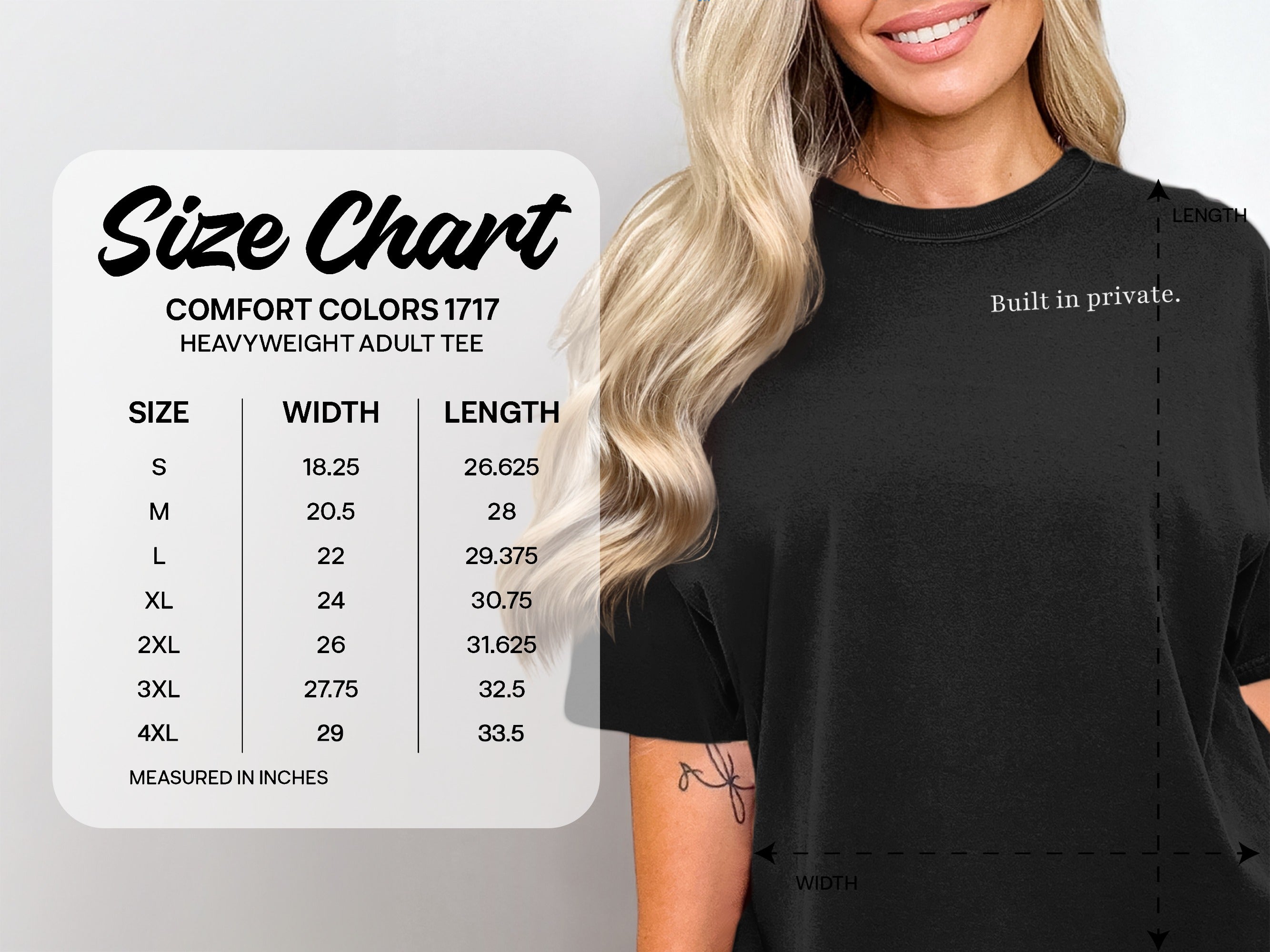 Comfort Colors 1717 adult tee size chart with width and length measurements in inches.