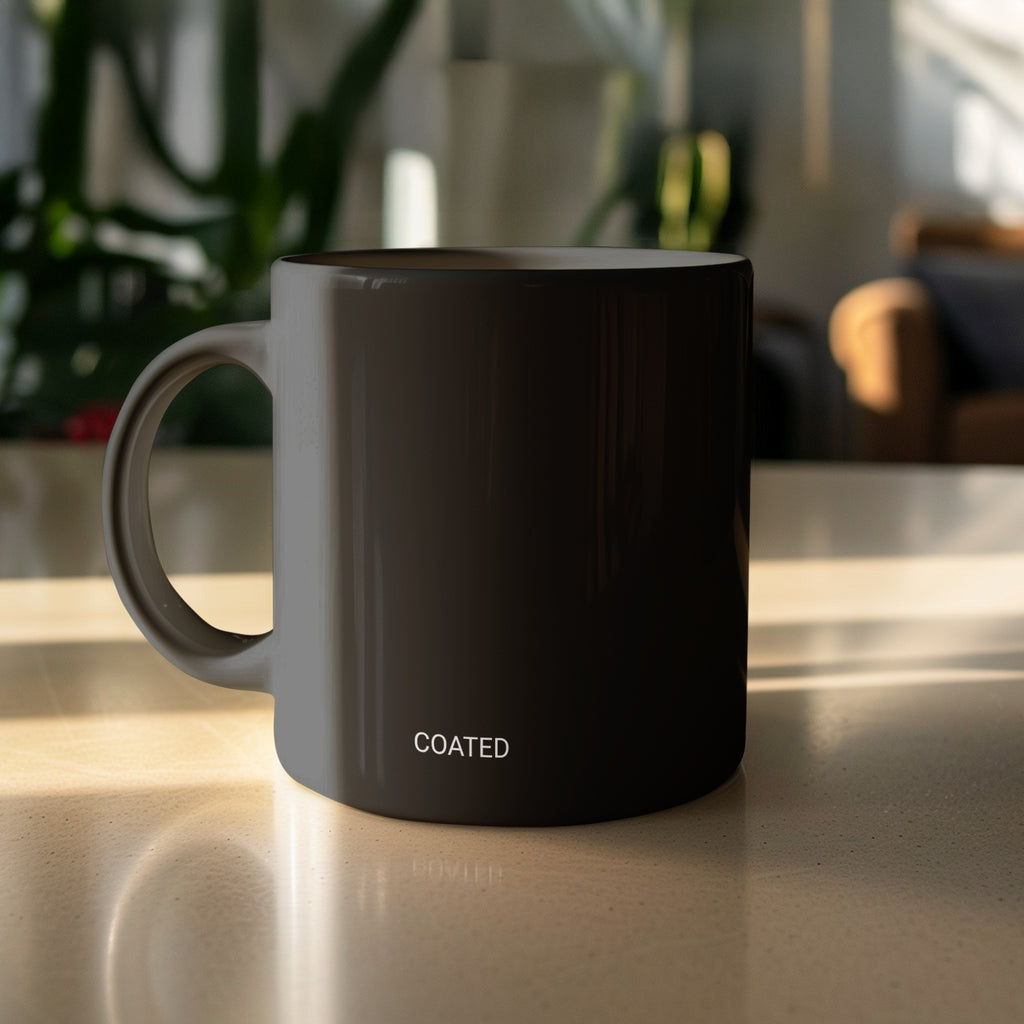 Dark gray mug with "COATED" text in white, shown in natural light.