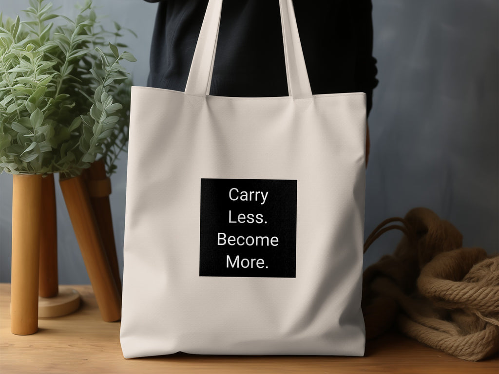 Cream tote bag with black square text: "Carry Less. Become More."